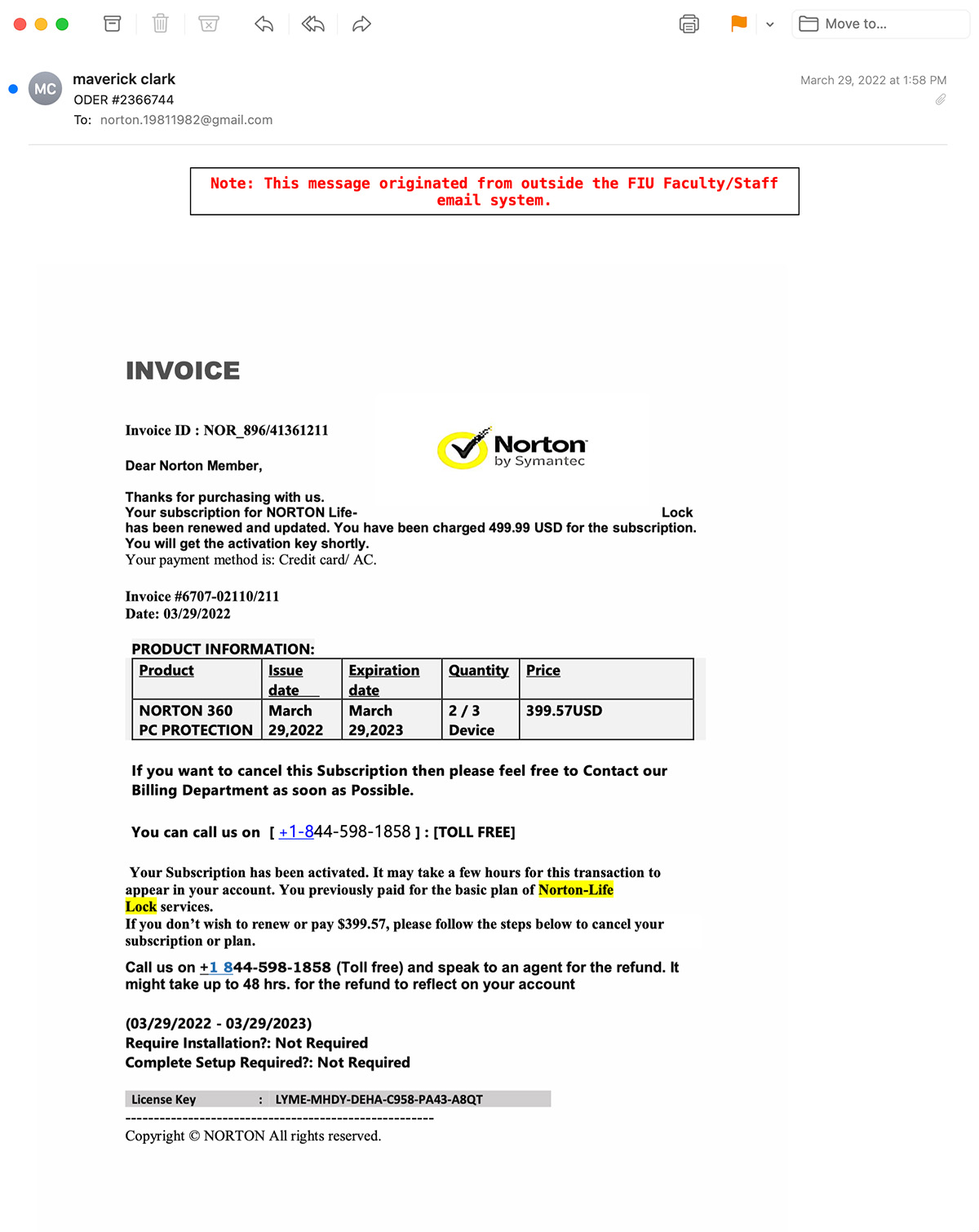 Example of email spoofing phishing attempt.