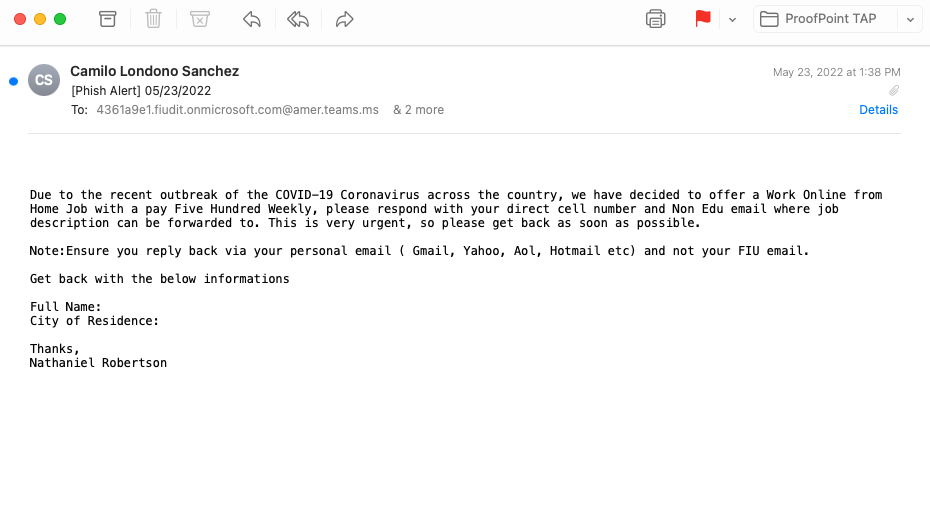 Example of job scam phishing attempt.